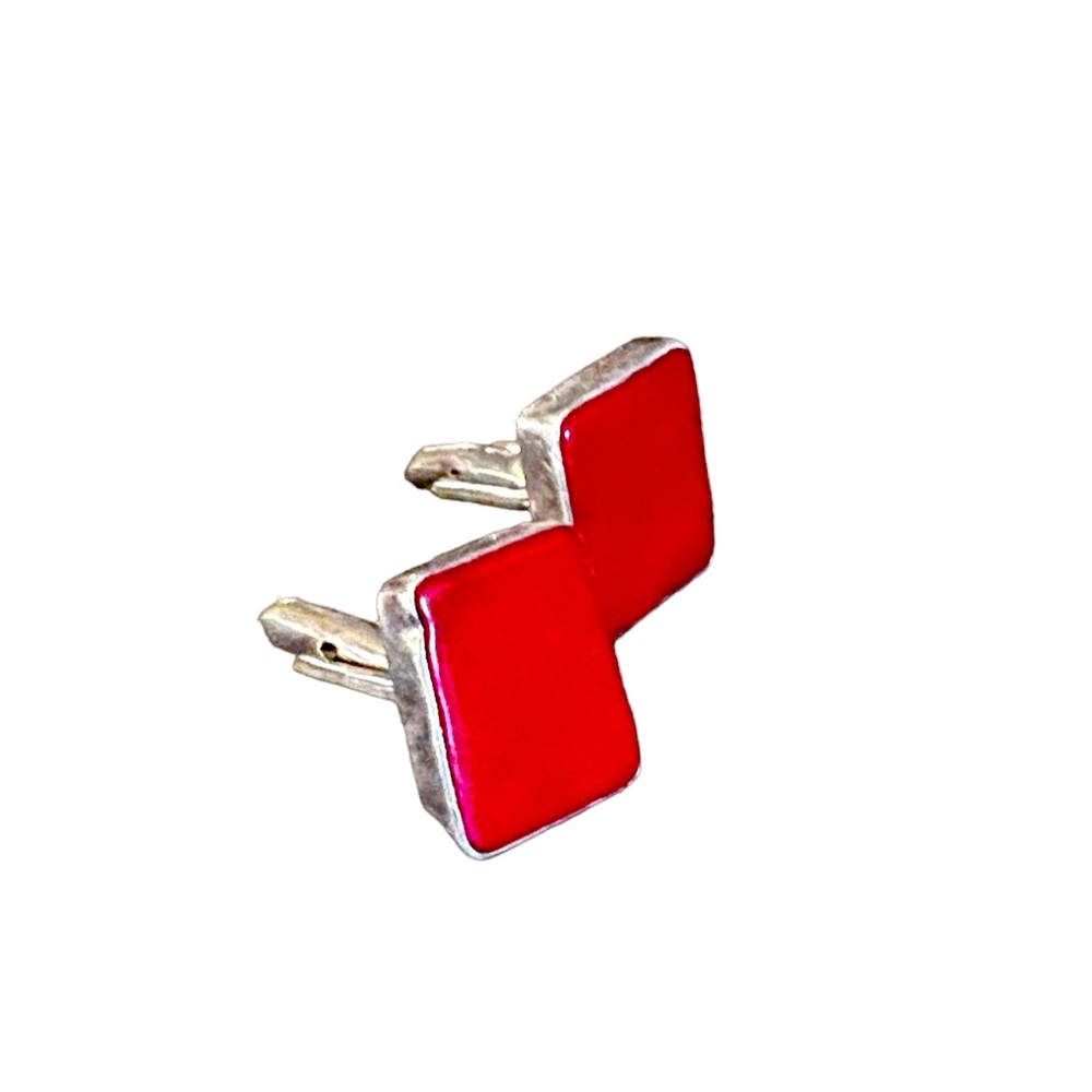 Silver Rectangle Red Cuff-Links